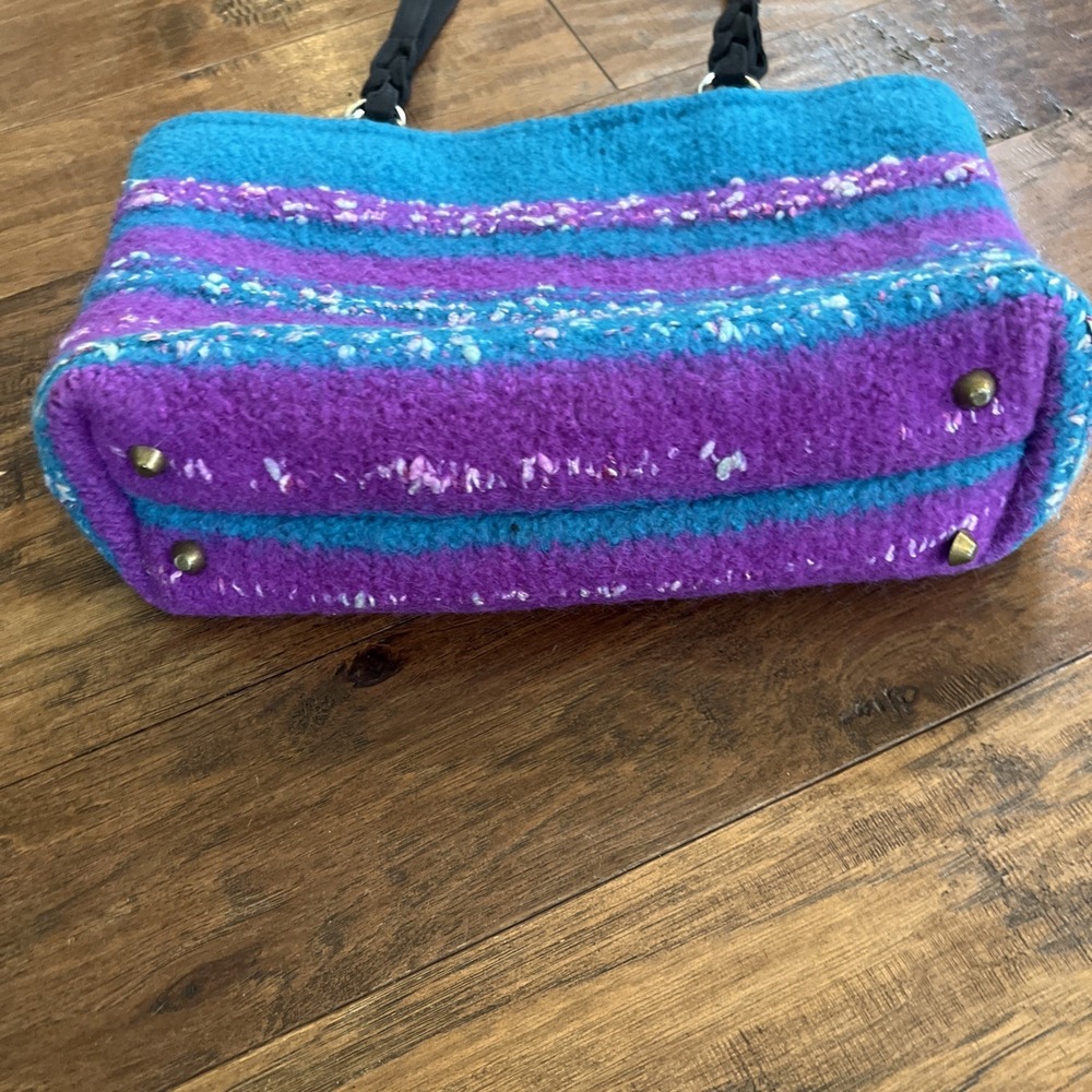 Handmade‎ Felted Wool Purple Teal Double Handle Boho Tote Handbag Purse Laptop - Picture 2 of 11